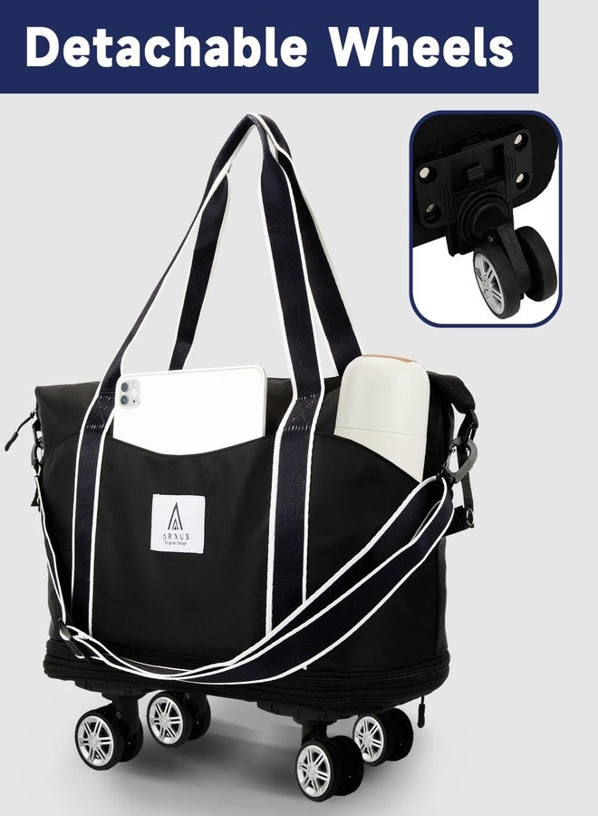 Arxus Carry On Luggage for Airplane, Rolling Duffle Bag with Detachable Wheels and Adjustable Shoulder Strap, Expandable Foldable Wheeled Travel Bag with Suitcase Sleeve for Women, Weekender 25L-55L - Image 3