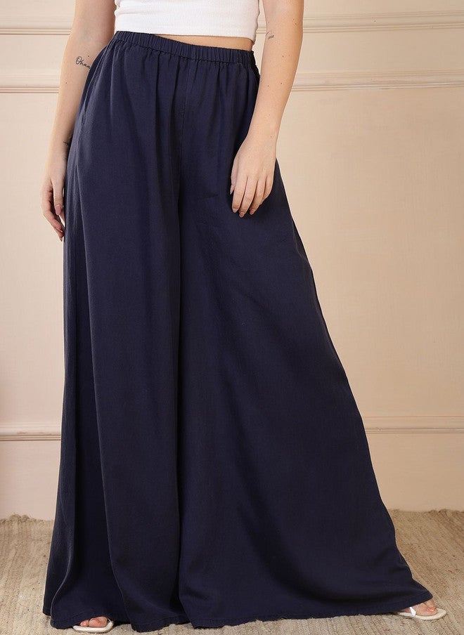 Rue Collection سروال نسائي عالي الخصر بتصميم واسع باللون navy - Image 1