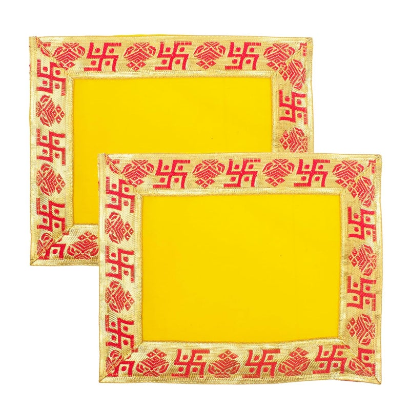 Dulhan DLC Set of 2 Yellow Velvet Altar Cloth with Swastik Small Size Ganpati Baithak Pooja Aasan Cloth for God Puja Chowki Cover Kapda for Home Mandir Temple by Dulhan Size 8 x 10 inches - Image 1