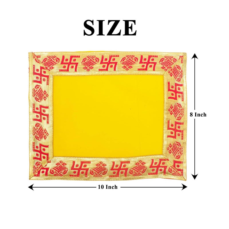 Dulhan DLC Set of 2 Yellow Velvet Altar Cloth with Swastik Small Size Ganpati Baithak Pooja Aasan Cloth for God Puja Chowki Cover Kapda for Home Mandir Temple by Dulhan Size 8 x 10 inches - Image 2