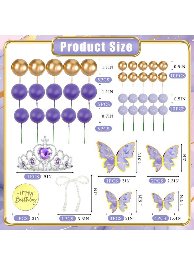 Morofme Purple Butterfly Cake Topper 48Pcs Purple Crown Cake Decorations Lavender and Gold Ball Cupcake Cake Toppers with Pearl Bow Princess Themed Cakes Decor for Wedding Baby Shower Birthday - Image 5