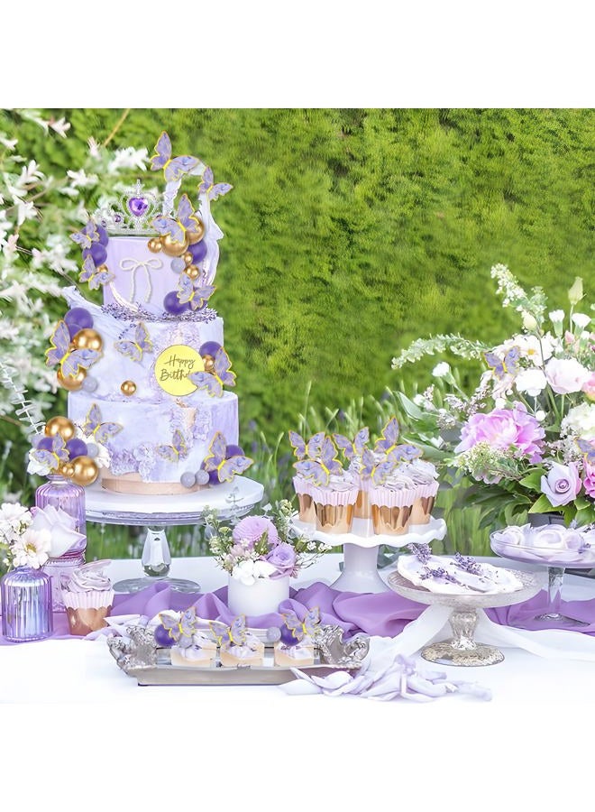 Morofme Purple Butterfly Cake Topper 48Pcs Purple Crown Cake Decorations Lavender and Gold Ball Cupcake Cake Toppers with Pearl Bow Princess Themed Cakes Decor for Wedding Baby Shower Birthday - Image 3