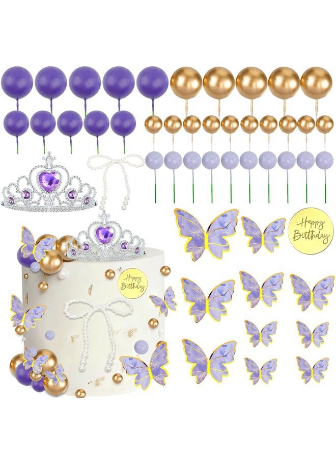 Morofme Purple Butterfly Cake Topper 48Pcs Purple Crown Cake Decorations Lavender and Gold Ball Cupcake Cake Toppers with Pearl Bow Princess Themed Cakes Decor for Wedding Baby Shower Birthday - Image 1