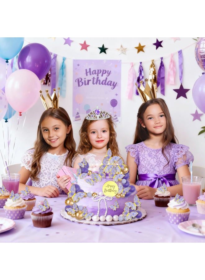 Morofme Purple Butterfly Cake Topper 48Pcs Purple Crown Cake Decorations Lavender and Gold Ball Cupcake Cake Toppers with Pearl Bow Princess Themed Cakes Decor for Wedding Baby Shower Birthday - Image 2