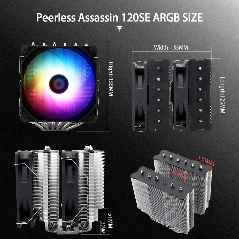 Thermalright Peerless Assassin 120 SE ARGB CPU Air Cooler, 6 Heat Pipes CPU Cooler, Dual 120mm TL-C12C-S PWM Fan, Aluminium Heatsink Cover, AGHP Technology, for AMD AM4 AM5/Intel 1700/1150/1151/1200 - Image 4