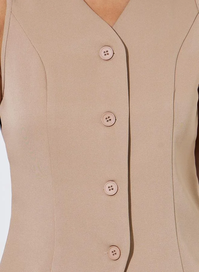 Styli  Khaki Solid Waistcoat and Wide-Leg Trousers Co-ord Set for Women | Best Price UAE