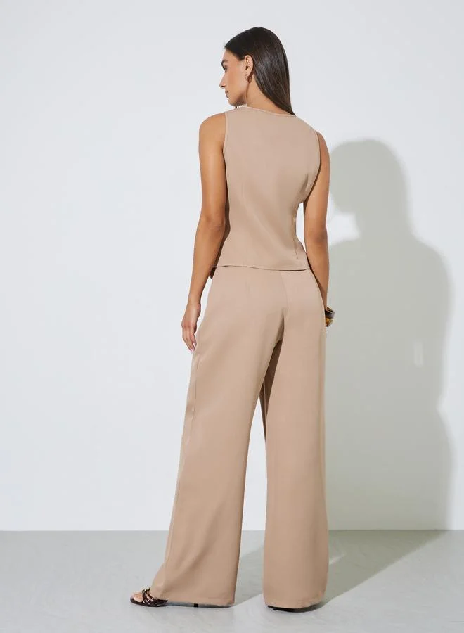 Styli  Khaki Solid Waistcoat and Wide-Leg Trousers Co-ord Set for Women | Best Price UAE