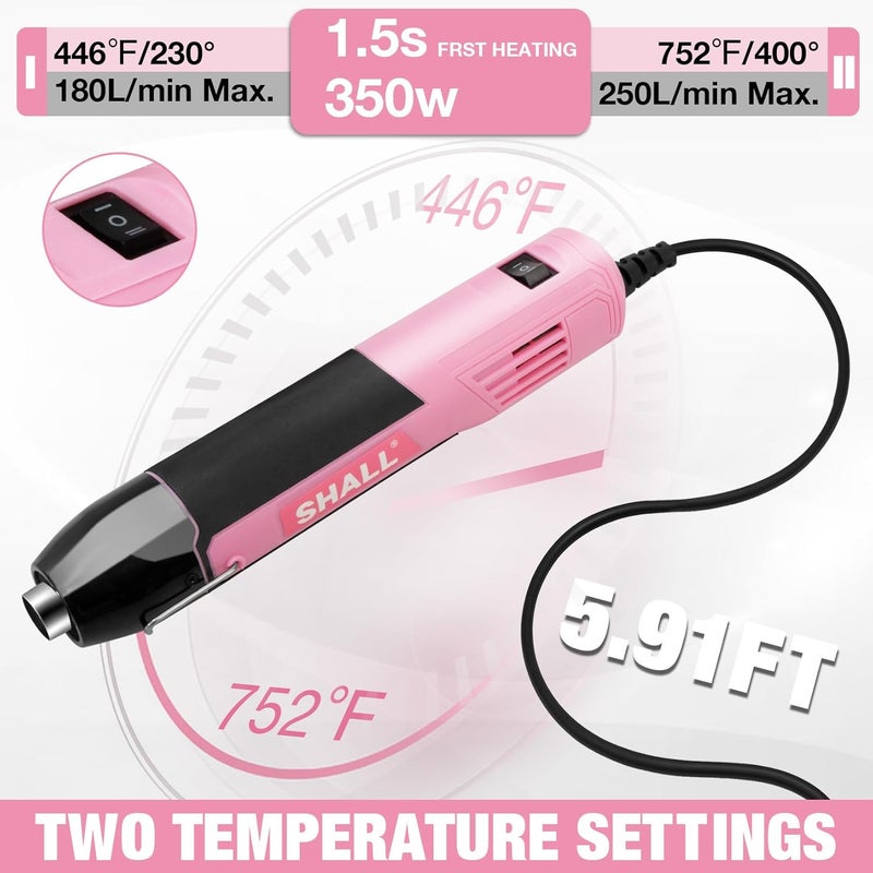 SHALL 350W Mini Heat Gun Set, Portable Hot Air Gun with Reflector Nozzle & Foldable Stand, 2 Temperature Settings 230℃/400℃, for Crafts, Shrink Wrap, Ink Drying - Pink - Image 2