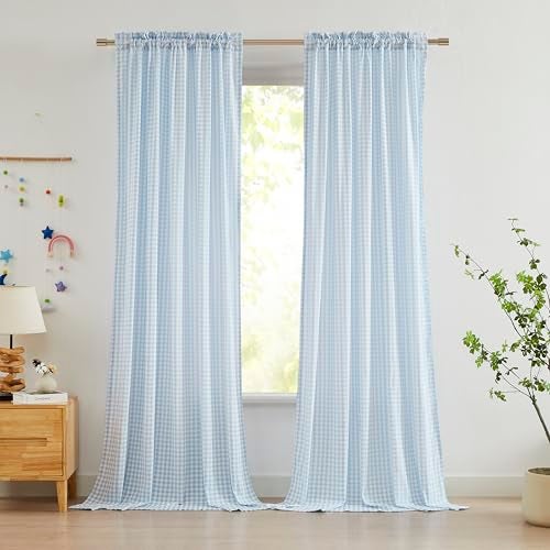 ZJDECOR 84 Inches Blue Buffalo Plaid Curtains,Farmhouse Crinkled Not-See-Through Sheer Drapes,Window Treatment for Bedroom Living Room Nursery,Rod Pocket,Tiebacks Included,52" Wx84 L(Pack of 2) - Image 1