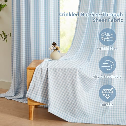 ZJDECOR 84 Inches Blue Buffalo Plaid Curtains,Farmhouse Crinkled Not-See-Through Sheer Drapes,Window Treatment for Bedroom Living Room Nursery,Rod Pocket,Tiebacks Included,52" Wx84 L(Pack of 2) - Image 2