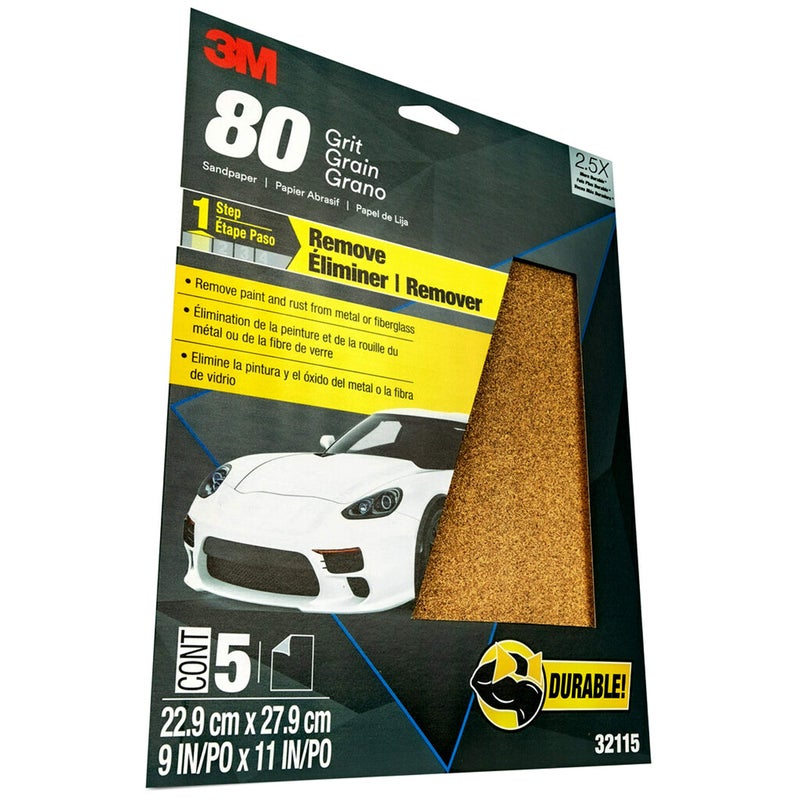 3M Sandpaper, 80 Grit, 5 Sheets, 9 in x 11 in, Longer Lasting Super Strong Abrasive, Great For Smoothing Body Filler, Shaping Glaze & Spot Putty, For Hand Or Machine Sanding (32115) - Image 2