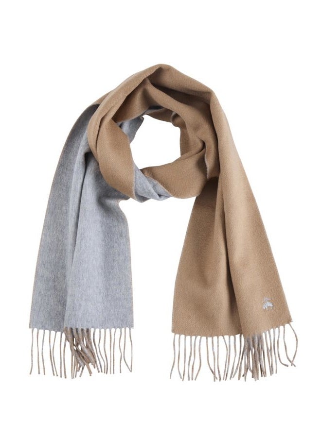 Brooks Brothers Wool and Cashmere Woven Patterned Scarf with Twisted Fringe - Men's Luxury Winter Scarf, 66" x 12", Camel/Grey Doubleface, One size - Image 1
