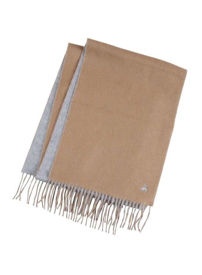 Brooks Brothers Wool and Cashmere Woven Patterned Scarf with Twisted Fringe - Men's Luxury Winter Scarf, 66" x 12", Camel/Grey Doubleface, One size - Image 2