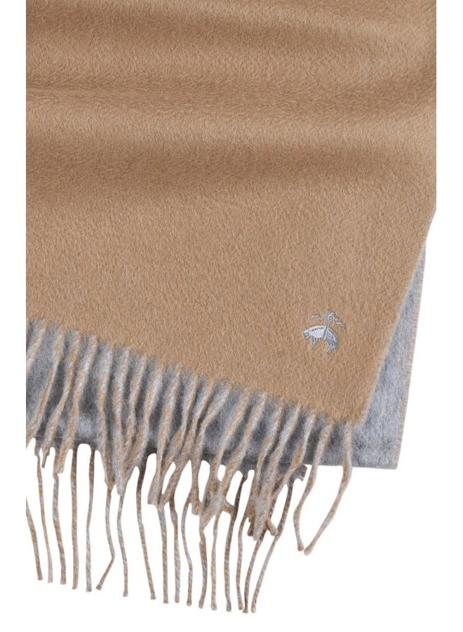 Brooks Brothers Wool and Cashmere Woven Patterned Scarf with Twisted Fringe - Men's Luxury Winter Scarf, 66" x 12", Camel/Grey Doubleface, One size - Image 3