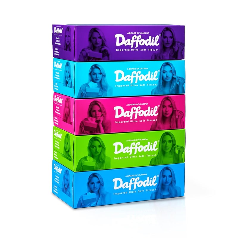 Daffodil 2 Ply Facial Tissue Carton Box Car Tissue Pack of 5 (100 Pulls Per Box, 200 Sheets) - Image 1