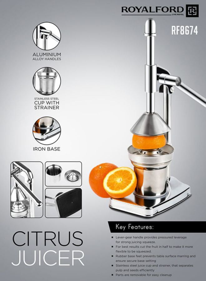 Royalford Citrus Juicer Extracts Maximum Juice With Minumum Effort 18.5X14.5X37.5Cm  Food Grade Silver - Image 5