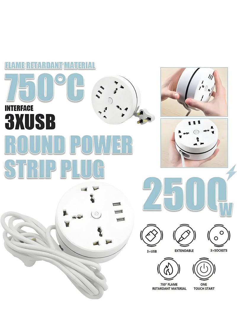 McDou Power Extension Cord with 3 USB Slots, 2500W 10A, Retractable Extension Cord with 1.8m Extension Cord and 3 Universal Sockets, Power Strip, Essentials for Cruise Travel/Home/Outdoors - Image 2