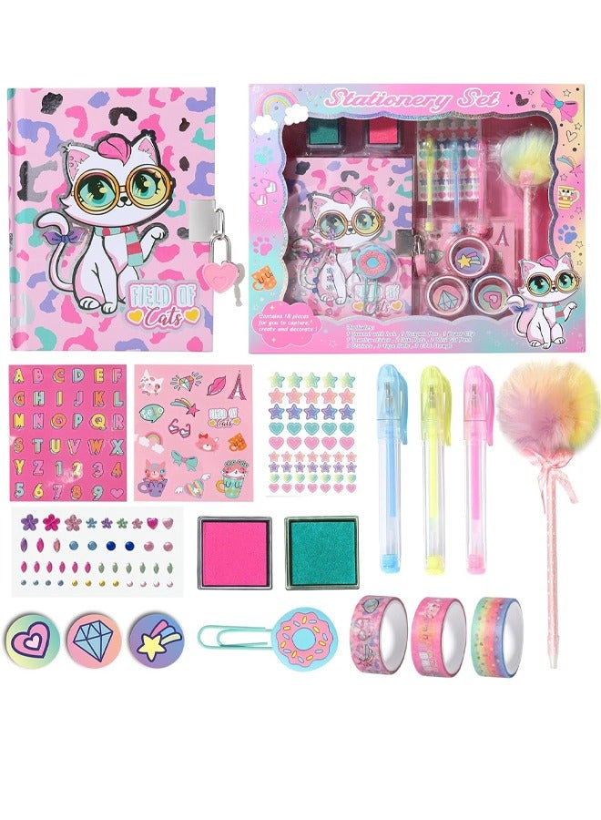 ريوليو مفكرة قطة للبنات مع قفل، طقم قرطاسية قطة مع دفتر أسرار، طوابع، أقلام، ودفتر يوميات – هدايا عيد ميلاد للبنات الصغيرات من عمر 5 إلى 10 سنوات - Image 4