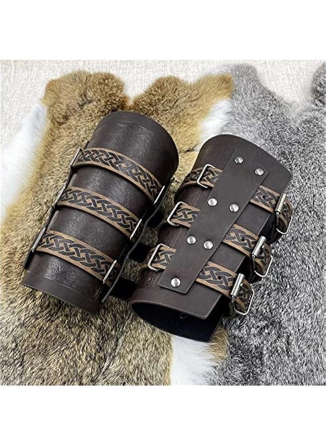 أصفاد جلدية مزيفة عتيقة من العصور الوسطى، حراس ذراع مرتزقة بإغلاق مزودي ريترو، قفازات فرسان للزي - Image 5