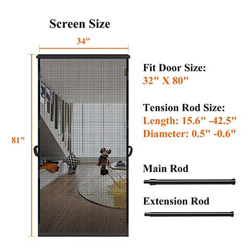 MAGZO Hanging Screen Door, Fits Door Size 32" x 80" (Curtain Size 34'' x 81''), Upgraded Fiberglass Mesh with Tension Rod&Hook&Loop (One Piece Can be Installed in 2 Ways), Weighted Bottom, Grey - Image 3