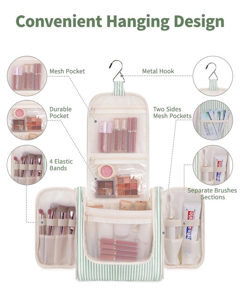 Narwey Small Striped Hanging Travel Toiletry Bag for Women, Travel Bag for Toiletries, Makeup Bag Organizer Cosmetic Bags Make Up Bags for Women (Mint Green Stripe) - Image 2