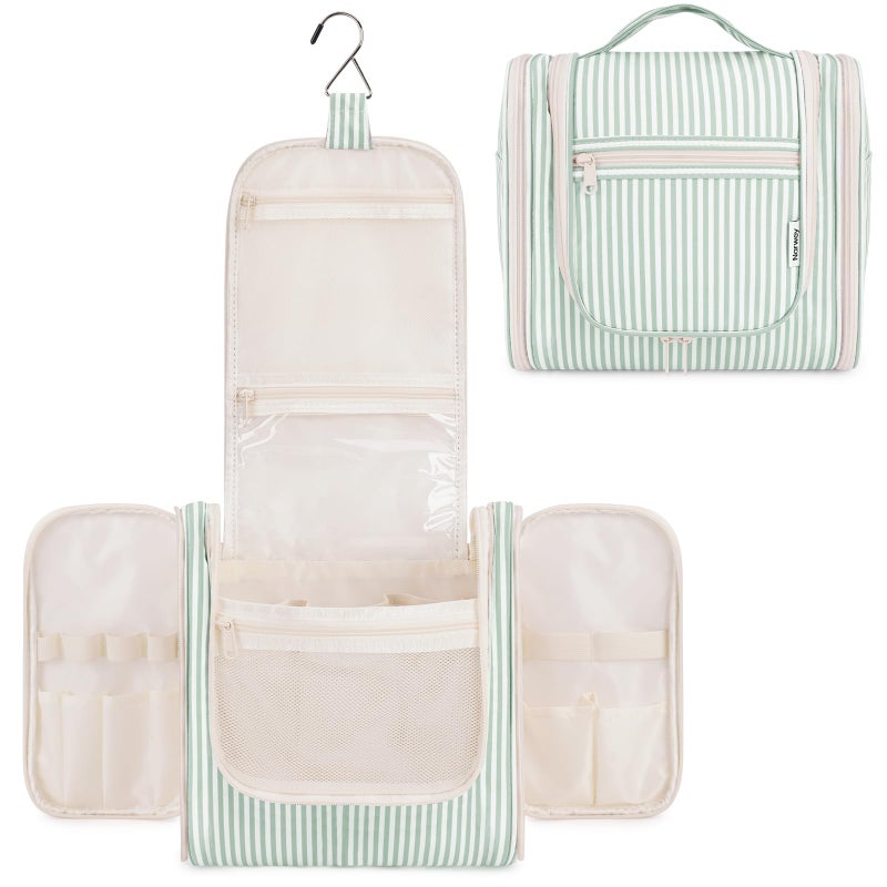 Narwey Small Striped Hanging Travel Toiletry Bag for Women, Travel Bag for Toiletries, Makeup Bag Organizer Cosmetic Bags Make Up Bags for Women (Mint Green Stripe) - Image 1