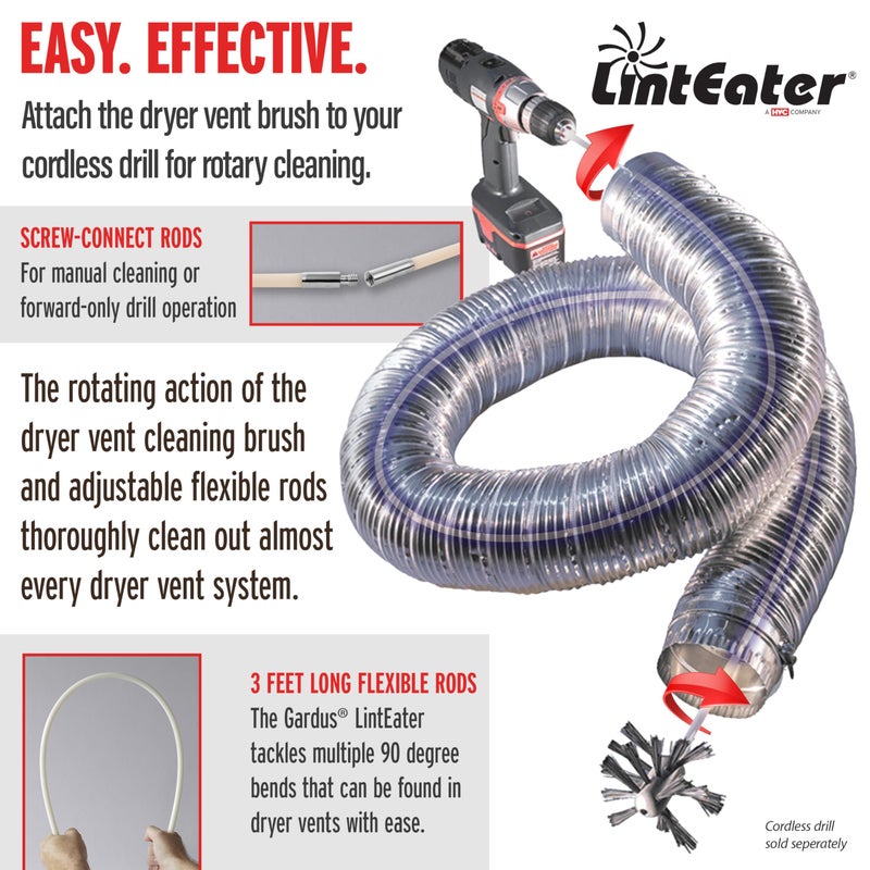 Gardus Dryer Vent Duct Cleaning Kit - Gardus RLE202 LintEater Rotary Dryer Vent Cleaner Kit, Removes Lint, Dryer Vent Cleaning System Extends Up to 12â€™ with 4 Flexible 3' Rods, Air Duct Cleaning Tools - Image 3