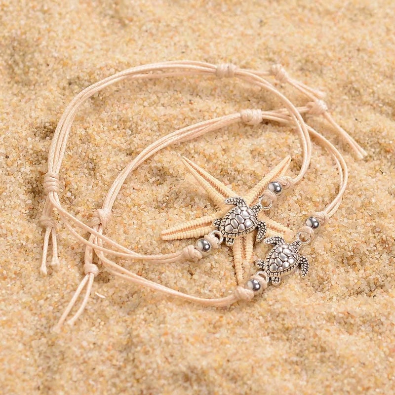 SUNSH 2Pcs Sea Turtle Anklets Bracelets for Teen Girls Kids Couple Women BFF Adjustable Friendship Wish Card Handmade Rope Anklet Jewelry Gifts - Image 4