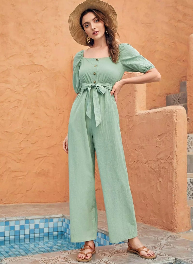 Self Tie Button Wide Leg Jumpsuit  - Image 1