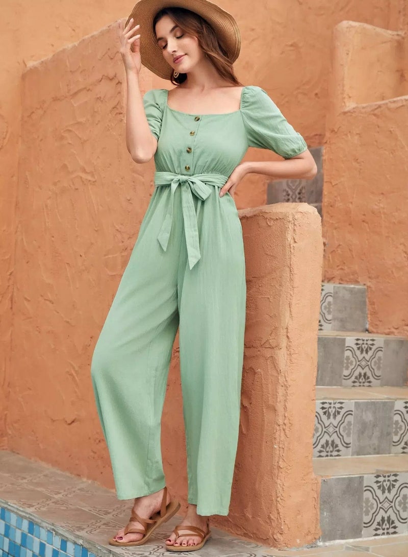 Self Tie Button Wide Leg Jumpsuit  - Image 5
