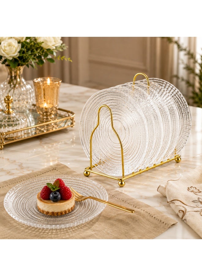 دانيا طقم صحون تقديم زجاج شفاف 6 قطع مع حامل معدني ذهبي – قطر الصحن 15 سم – تصميم دائري مخطط أنيق للحلويات والمكسرات والضيافة - Image 1