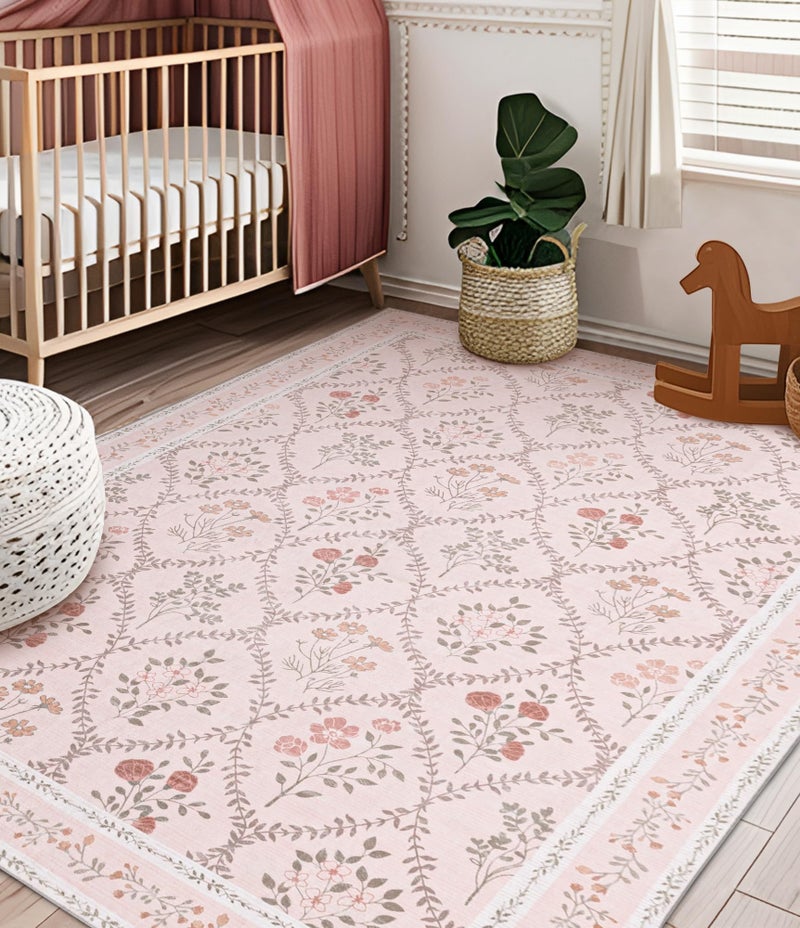 YIHOUSE Pink 6x9 Area Rug for Bedroom Girls, Floral Washable Rugs for Living Room Non Slip Ultra-Thin, Large Boho Carpet for Kids Playroom, Classroom, Dorm, Nursery, Pink Multi - Image 3