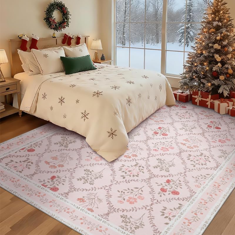 YIHOUSE Pink 6x9 Area Rug for Bedroom Girls, Floral Washable Rugs for Living Room Non Slip Ultra-Thin, Large Boho Carpet for Kids Playroom, Classroom, Dorm, Nursery, Pink Multi - Image 2