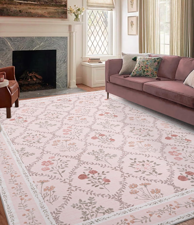 YIHOUSE Pink 6x9 Area Rug for Bedroom Girls, Floral Washable Rugs for Living Room Non Slip Ultra-Thin, Large Boho Carpet for Kids Playroom, Classroom, Dorm, Nursery, Pink Multi - Image 1