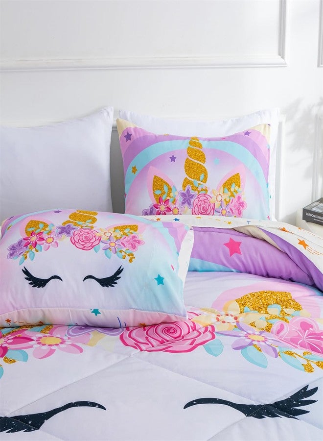 NTBED طقم لحاف توأمي يونيكورن NTBED مع ملاءات، 5 قطع مجموعات سرير للأطفال للفتيات، خفيف الوزن من الألياف الدقيقة، سرير قوس قزح في حقيبة، أزرق بنفسجي - Image 5