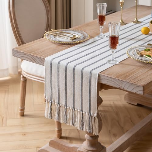 Caflife Boho Table Runner 90 Inchs Long Grey and Beige, Cotton and Linen Woven with Tassels, for Modern Rustic Farmhouse Neutral Table Runners, Bohemian Kitchen Dining Table Home Decor - Image 2