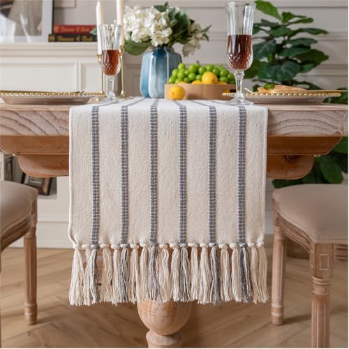 Caflife Boho Table Runner 90 Inchs Long Grey and Beige, Cotton and Linen Woven with Tassels, for Modern Rustic Farmhouse Neutral Table Runners, Bohemian Kitchen Dining Table Home Decor - Image 1