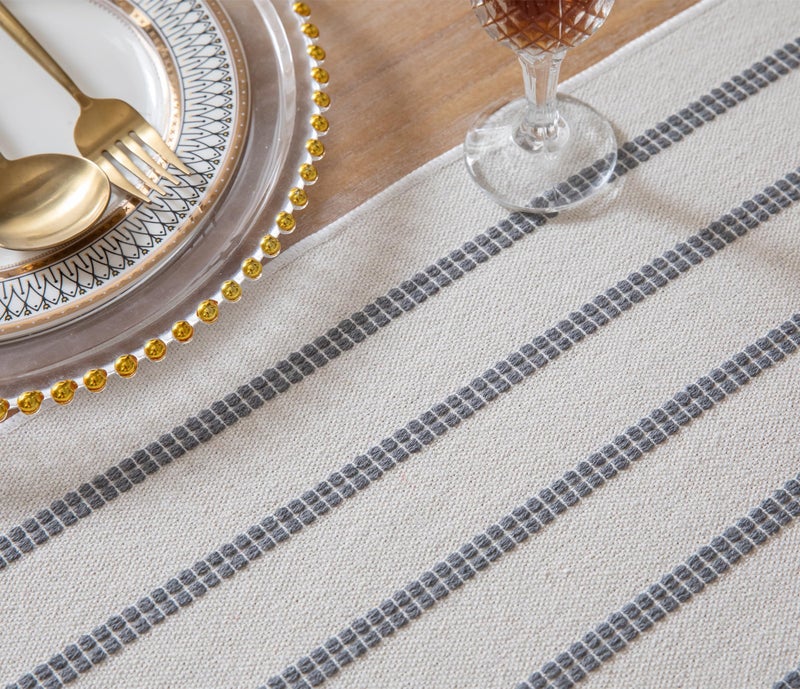 Caflife Boho Table Runner 90 Inchs Long Grey and Beige, Cotton and Linen Woven with Tassels, for Modern Rustic Farmhouse Neutral Table Runners, Bohemian Kitchen Dining Table Home Decor - Image 4