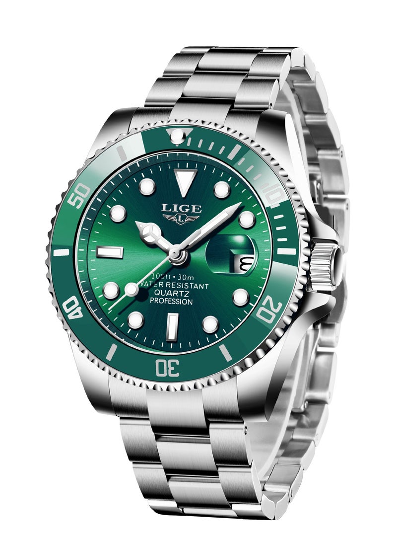 لييج ساعة كوارتز تناظرية بتقويم أنيق وهيكل من سبائك معدني للرجال مقاومة للماء باللون الأخضر - Image 1