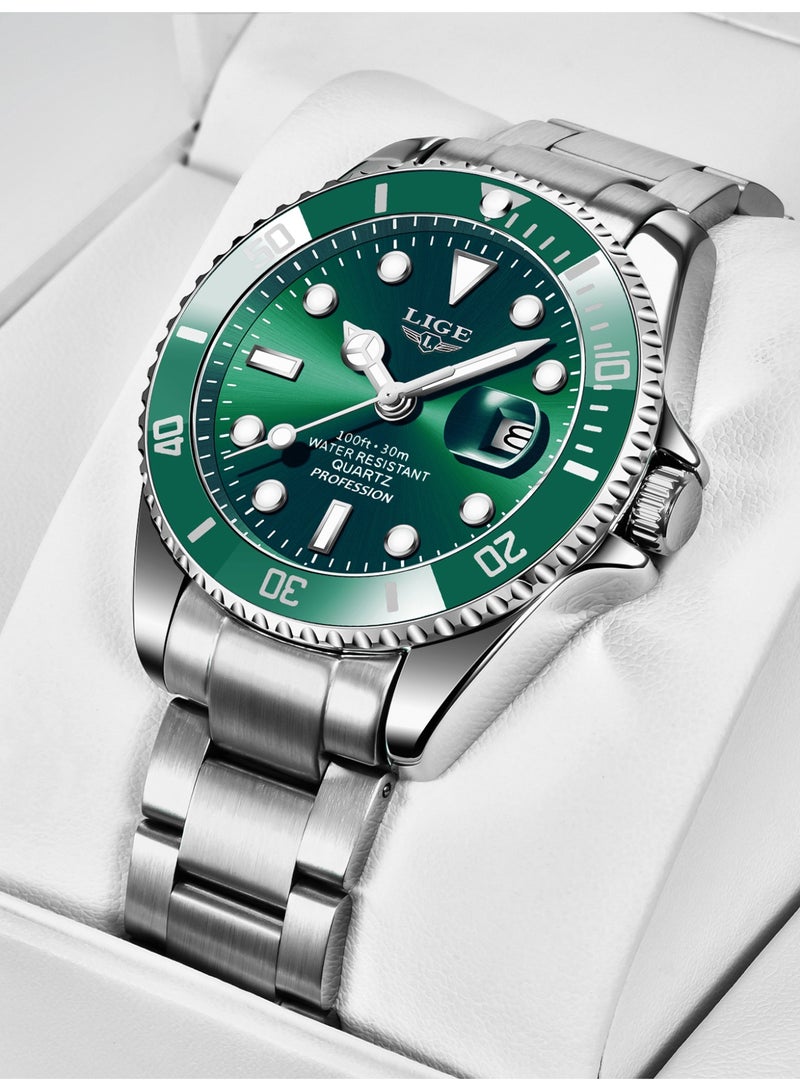 لييج ساعة كوارتز تناظرية بتقويم أنيق وهيكل من سبائك معدني للرجال مقاومة للماء باللون الأخضر - Image 2