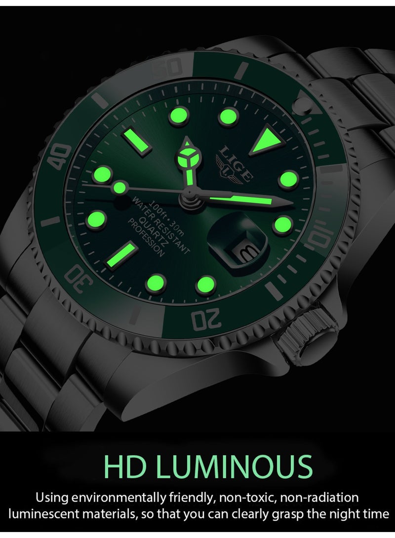 لييج ساعة كوارتز تناظرية بتقويم أنيق وهيكل من سبائك معدني للرجال مقاومة للماء باللون الأخضر - Image 3