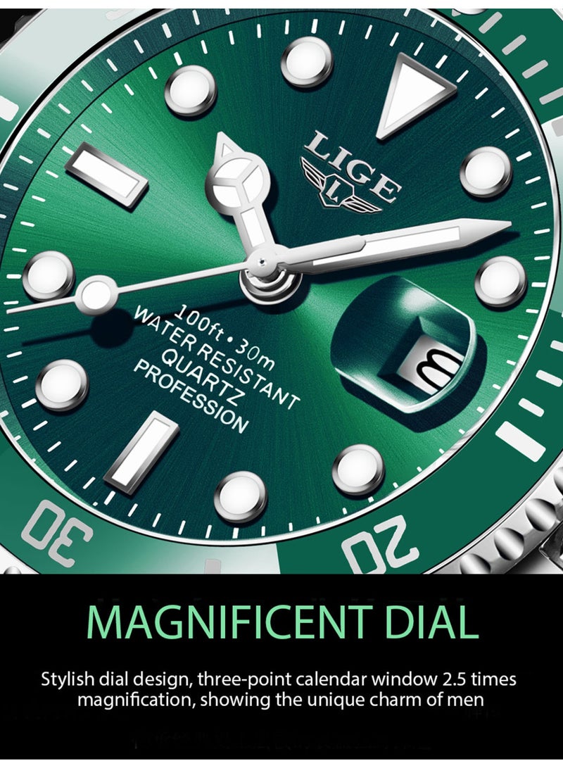 لييج ساعة كوارتز تناظرية بتقويم أنيق وهيكل من سبائك معدني للرجال مقاومة للماء باللون الأخضر - Image 4