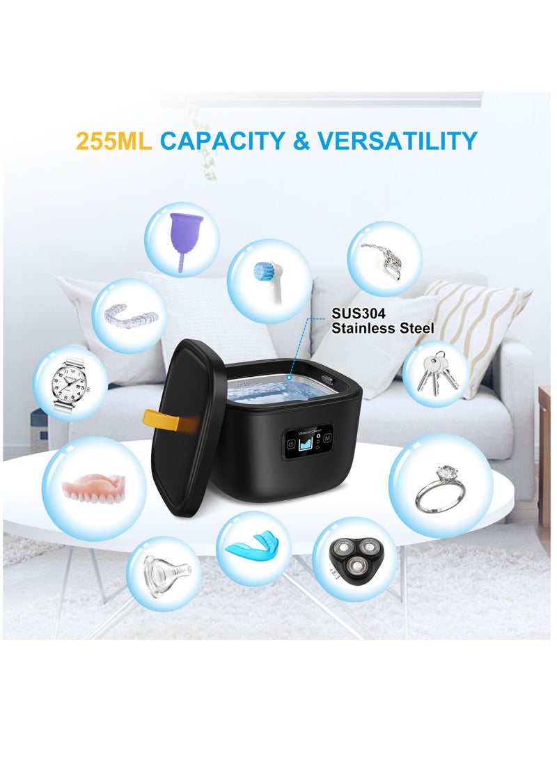 Excefore Ultrasonic Cleaner for Retainer, Denture, Mouth Guard, Aligner, Whitening Tray, Toothbrush Head, 43kHz 255ML Ultrasonic Retainer Cleaner Machine, UV Ultrasonic Jewelry Cleaner for Ring Diamond, Black - Image 4