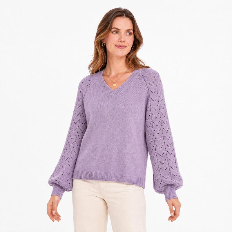 Women V-Neck Knit Sweater with Lantern Sleeves Purple