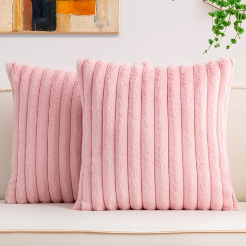 Aegero Pack of 2 Faux Fur Christmas Throw Pillow Covers 18x18 Inch Soft Plush Striped Neutral Couch Pillow Cover with Velvet Back Modern Home Decor for Sofa Living Room Couch Bed Pink - Image 1