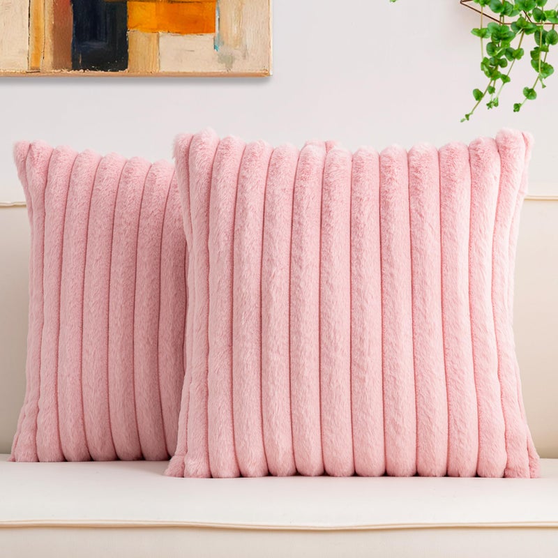 Aegero Pack of 2 Faux Fur Christmas Throw Pillow Covers 18x18 Inch Soft Plush Striped Neutral Couch Pillow Cover with Velvet Back Modern Home Decor for Sofa Living Room Couch Bed Pink - Image 2