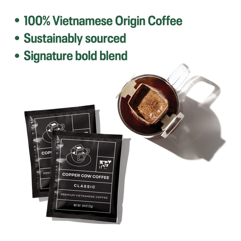 Copper Cow Coffee Copper Cow Premium Pour Over Single-Serve Vietnamese Coffee | Classic Black | Dark Roast | Includes 24 Coffees - Image 5