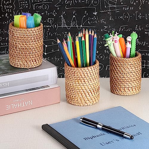 BTSKY 3 Pack Rattan Pen Cup Handmade Desk Pencil Holders Makeup Brush Holder MultiFunctional Woven Basket OfficeHome Desktop Organizer Cylinder - Image 3