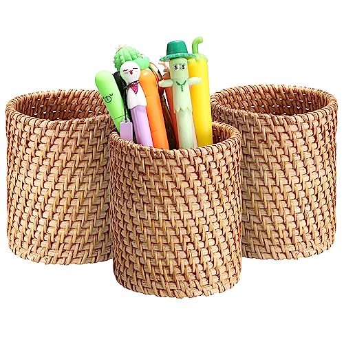 BTSKY 3 Pack Rattan Pen Cup Handmade Desk Pencil Holders Makeup Brush Holder MultiFunctional Woven Basket OfficeHome Desktop Organizer Cylinder - Image 1