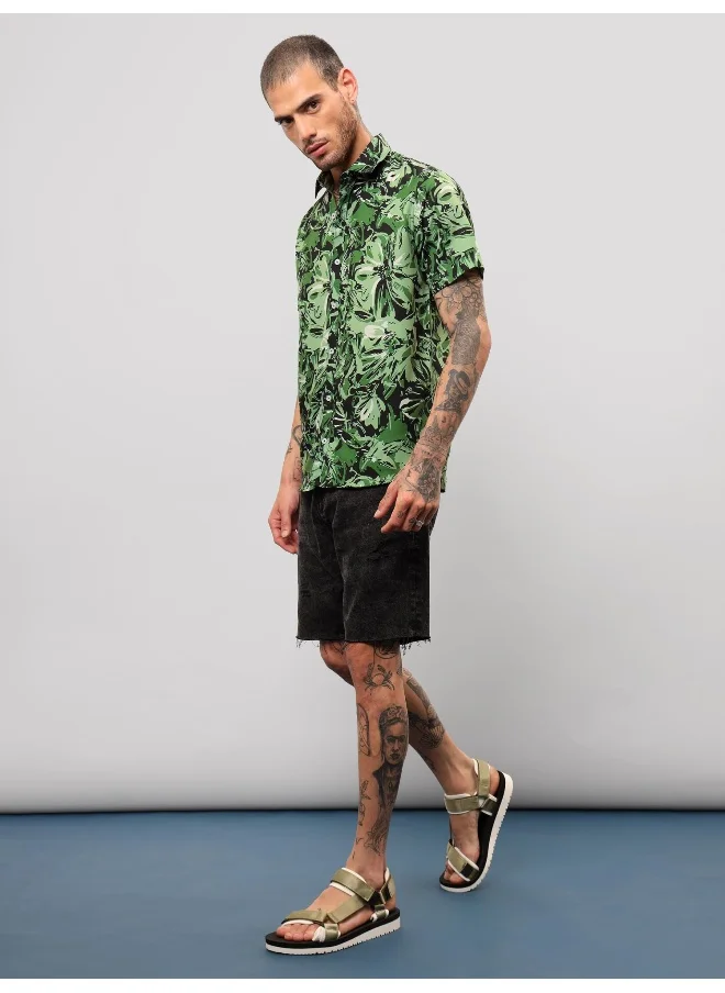 Beyoung Half Sleeve Green Floral Hawaiian Shirt for Men